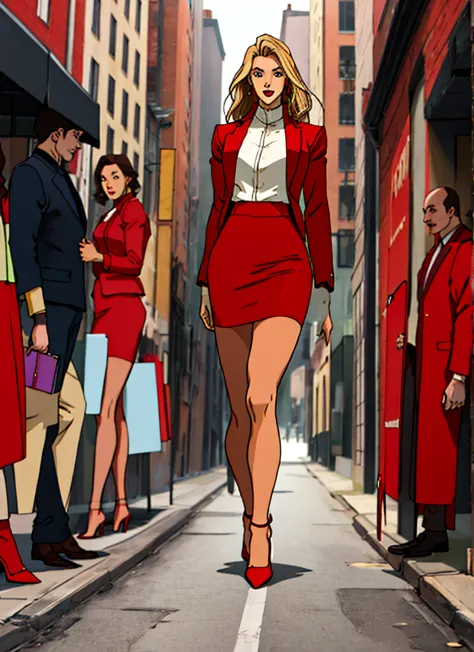 90s skinny adult long blonde hair business woman in a red suit
, red pencil skirt , and red heels white blouse full body