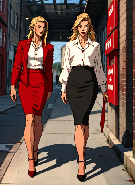 90s skinny adult long blonde hair business woman in a red suit
, red pencil skirt , and red heels white blouse full body