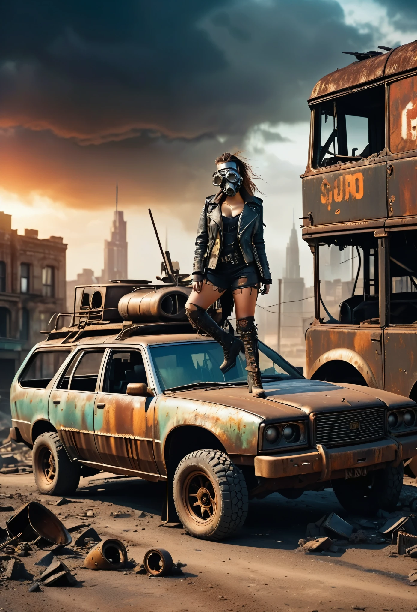 Créez une image diagonale et fidèle d'une fille triste aux vêtements déchirés et sales dans un style Mad Max, penchée à côté d'un vieux bus rouillé et sale avec des pointes MÉTALLIQUES sur le capot., elle porte un vieux masque à gaz, véhicule blindé, il y a BEAUCOUP D&#39;ENDROITS AUTOUR de la carrosserie de la voiture. ROUES ARRIÈRE DOUBLE SALE, LARGES ET ÉPAISSES, roues tournées, façade avec une grille métallique cassée avec plusieurs pointes rouillées et des pointes anti-zombies tachées de sang; style militaire avec modifications et protection avec plaques métalliques, style char de guerre, phares cassés et sales avec grilles, la voiture passe dans la rue avec plusieurs bâtiments hauts et cylindriques en ruines au centre de la ville américaine post-apocalyptique moderne et ultra futuriste de Manhattan, Il y a de nombreux immeubles de grande hauteur à l&#39;horizon et à côté, il y a des décombres tombés des bâtiments dans la rue, Voiture steampunk, l&#39;art dramatique, style artistique dieselpunk, Ambiance apocalyptique Road Warrior, art numérique surréaliste, Mad Max inspiré, heavy art métalliquework, symétrie de la calandre chromée, art steampunk numérique, Il&#39;ce n&#39;est pas le style Mad Max, art métallique, n&#39;est pas Filip Hodas; style d&#39;illustration, art numérique steampunk, dieselpunk, dans un monde de haute technologie, photo en diagonale, haute qualité, 8k, extrêmement détaillé, aussi réaliste que possible, La plus haute qualité possible.