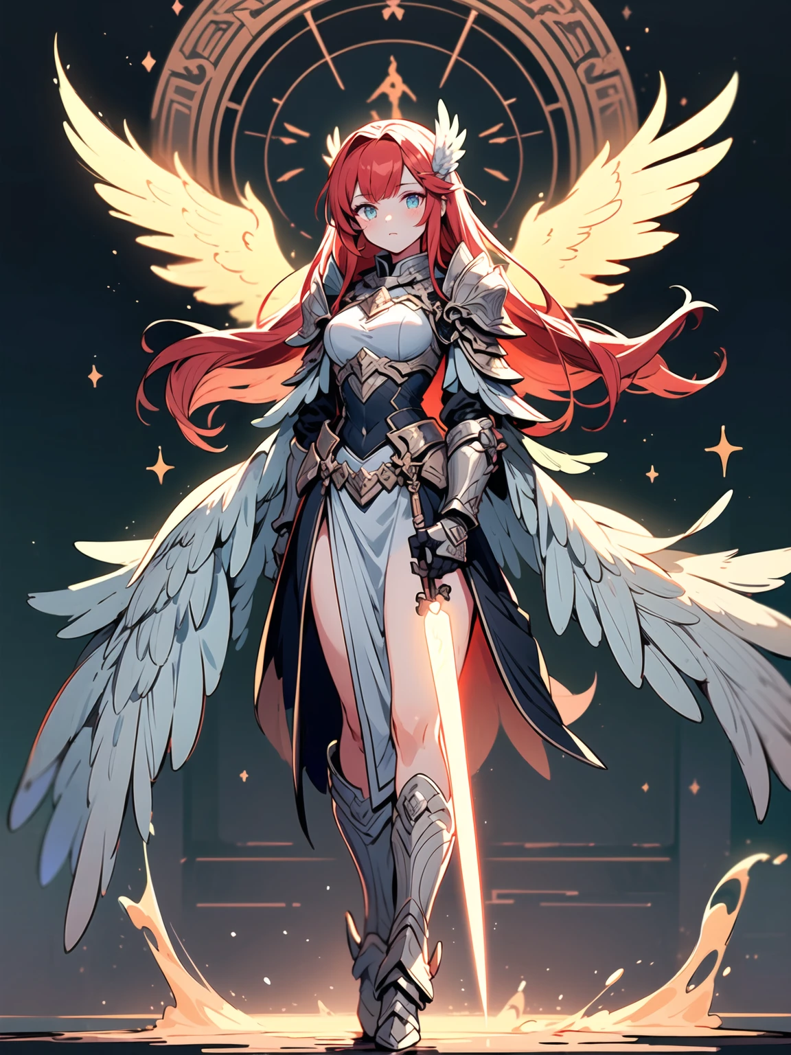 (((masterpiece, best quality, high detailed, 16k))) (1girl) A radiant young girl imbued with the powers of the phoenix, her eyes glowing with an inner fire. Her long, flowing hair is a fiery mix of red, orange, and gold, resembling the flames of a phoenix. She wears a celestial armor, shimmering with a blend of white and gold, adorned with ethereal patterns and symbols of rebirth and renewal. The armor is both elegant and protective, with feather-like accents that give her an otherworldly appearance. She emanates a warm, powerful aura, and behind her, ethereal wings of fire seem to form, hinting at her phoenix heritage. ((full body view))