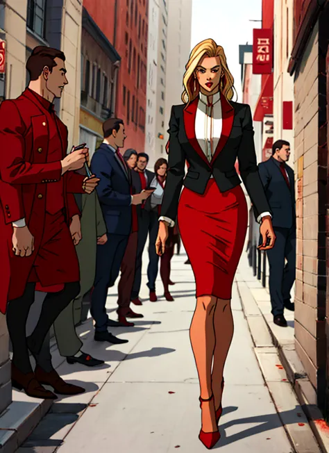 90s skinny adult long blonde hair business woman in a red suit
, red pencil skirt , and red heels  full body