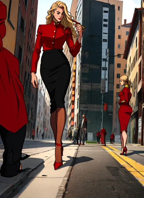 90s skinny adult long blonde hair business woman in a red suit
, red pencil skirt , and red heels  full body