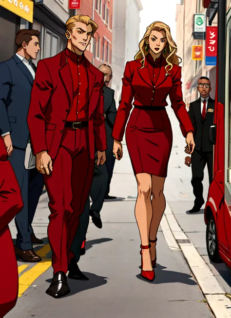 90s skinny adult long blonde hair business woman in a red suit
, red pencil skirt , and red heels  full body