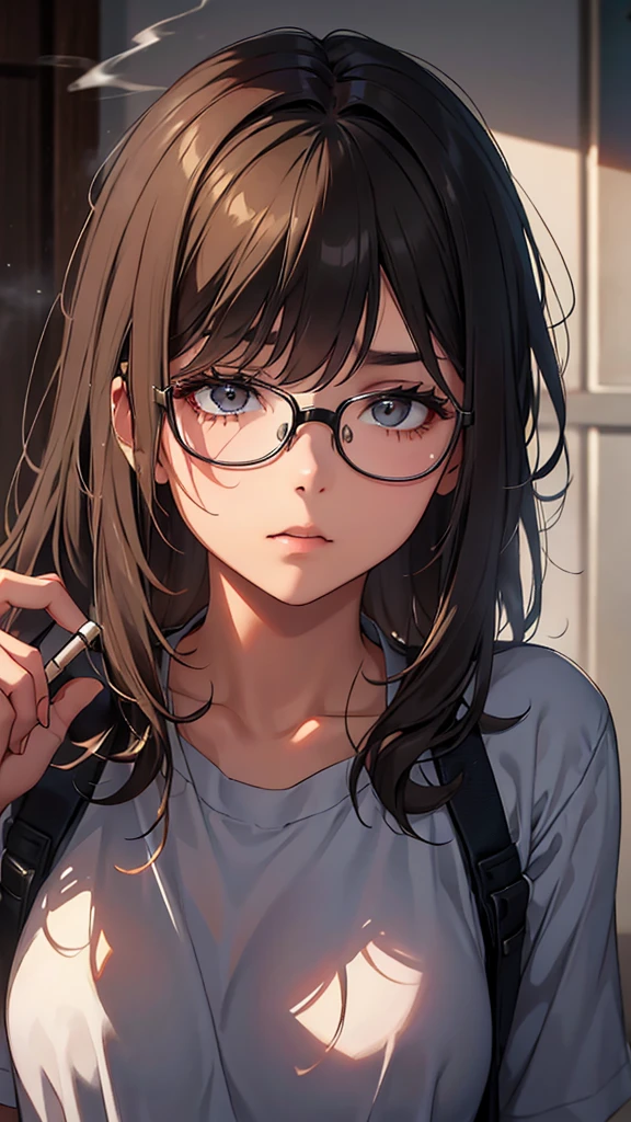 A teenage girl with a cute appearance, wearing large round glasses, looks slightly disheveled as if she just woke up. Her hair is slightly messy, giving her a natural, sleepy look. She has a cigarette in her mouth, lit and softly burning, adding a touch of rebelliousness to her otherwise innocent and sleepy expression. The lighting is soft and natural, highlighting the contrast between her youthful appearance and the cigarette she holds.