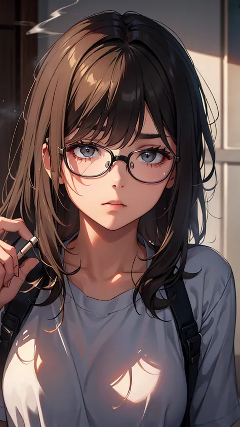 A teenage girl with a cute appearance, wearing large round glasses, looks slightly disheveled as if she just woke up. Her hair i...