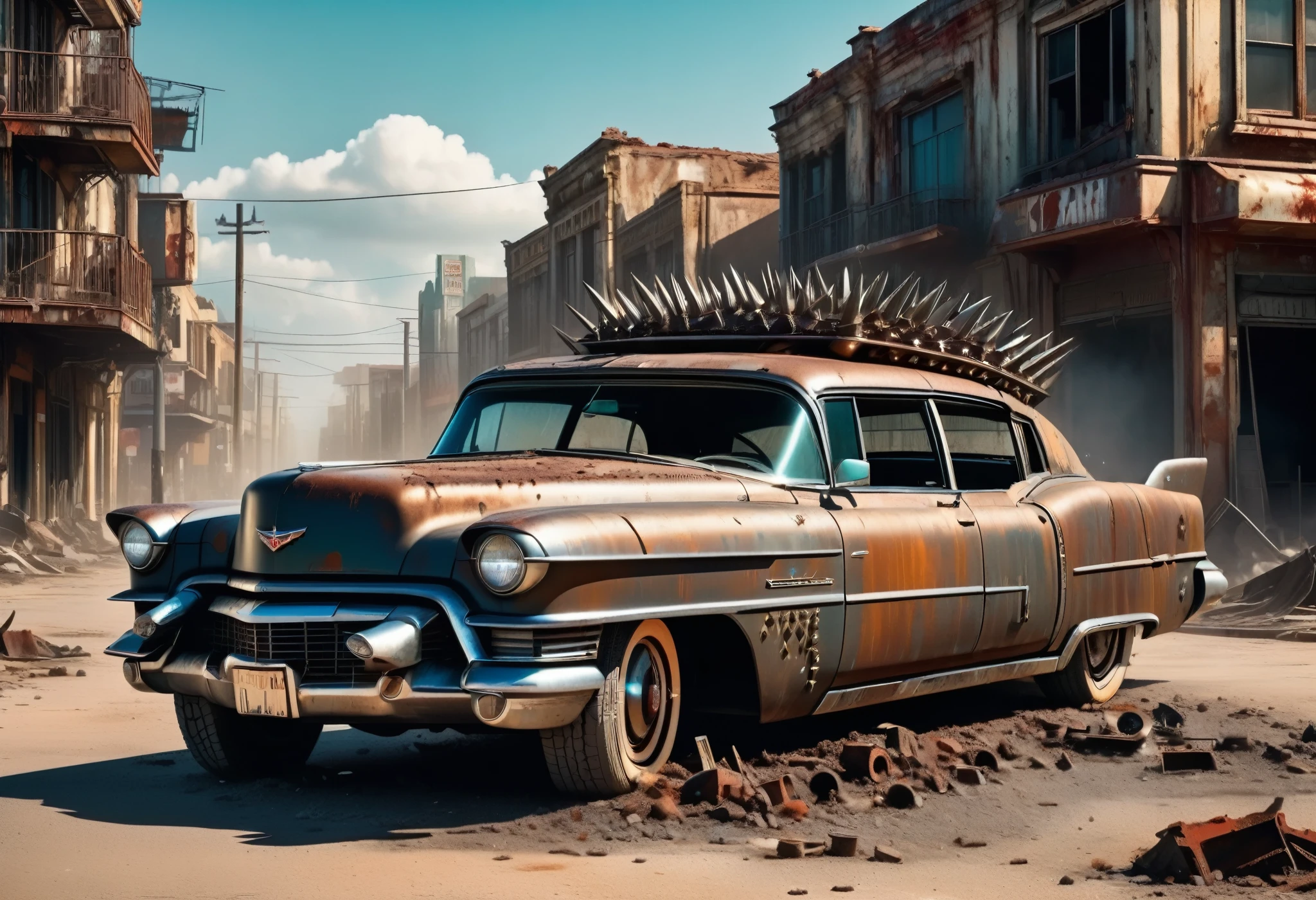 Create a diagonal and accurate image of an 18 year old girl with sunglasses leaning next to an old rusty and dirty 1955 Cadillac Eldorado with METAL spikes on the hood, Armored Vehicle, there are MANY SPOTS AROUND the car bodywork. WIDE AND THICK DIRTY WHEELS, turned wheels, front with a broken metal grille with several rusty spikes and blood-stained anti-zombie spikes; military style with modifications and protection with metal plates, war tank style, broken and dirty headlights, the car is passing on the street in the center of a post-apocalyptic city with several tall cylindrical shaped and ultra futuristic buildings in ruins around the street, debris fallen from buildings on the street, steampunk car, dramatic art, dieselpunk art style, apocalyptic road warrior vibe, surreal digital art, mad max inspired, heavy metallic artwork, chrome grille symmetry, arte steampunk digital, It&#39;s not the Mad Max style, metallic art, is not Filip Hodas; artwork style, steampunk digital art, dieselpunk, in a hightech world, photo on the diagonal