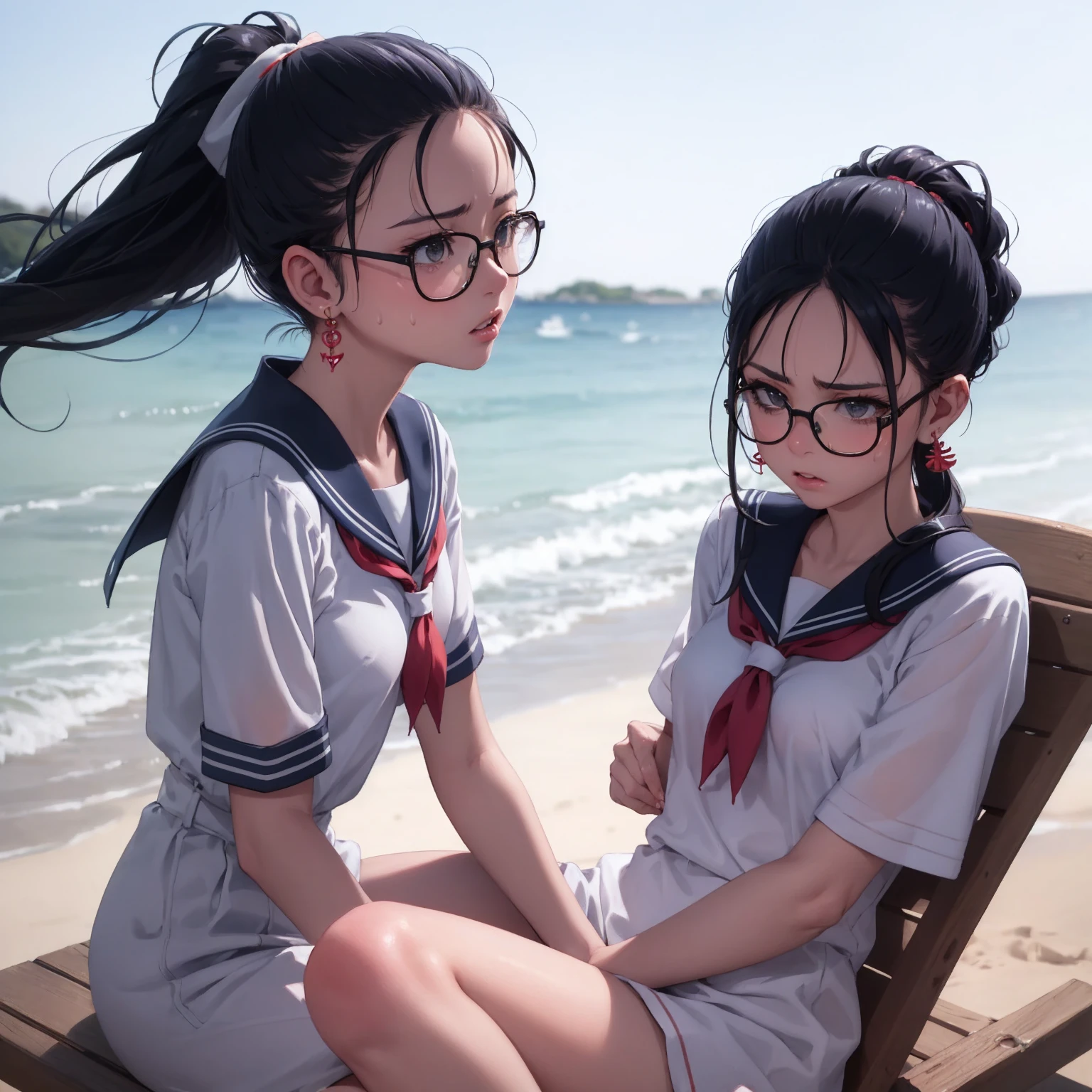 Masterpiece, Top quality, Earrings, Sailor suit, Black hair, Small breasts, Girl, Upper body, Hot, Sweating, Sitting, Ponytail, Looking at camera, Sea, Summer, Facing forward, Spreading legs, Angry, Wearing glasses