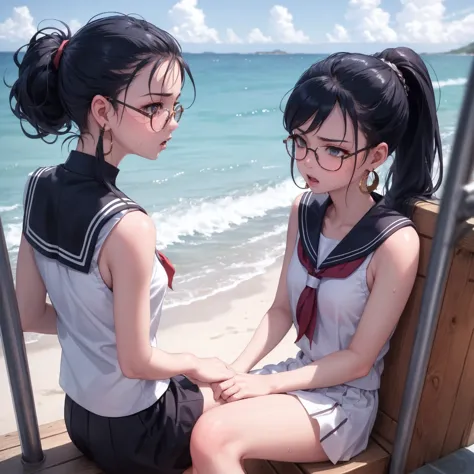 masterpiece, top quality, earrings, sailor suit, black hair, small breasts, girl, upper body, hot, sweating, sitting, ponytail, ...