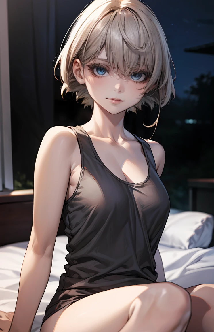 (masterpiece:1.2, highest quality), (realistic, photorealistic:1.4), beautiful illustrations, (natural side lighting, movie lighting), 
looking at the viewer, Upper body, (Front view), 1 girl, perfect face, Cute symmetrical face, shiny skin, baby face, long eyelashes, (Extremely large breasts), (wide hips),short cut hair,
beautiful hair, beautiful face, fine and beautiful eyes, beautiful body, beautiful breasts, beautiful thighs, beautiful feet, beautiful fingers,
(beautiful scenery),(cute smile:1.3, upper grade), 24-year-old,pale skin,Bokeh,Sareme、((Beautiful woman wearing a gray tank top:1.3))、((NSFW))、Asymmetrical hair,、Lover's perspective、cleavage of the breast、a matural female、Very boyish and cool、Shaved head、Bedroom with cyberpunk night view、Clear light and dark、Great lighting、Small eyes、Black eyes、D-Cup Peak、high-angle、ighly detailed、spot light