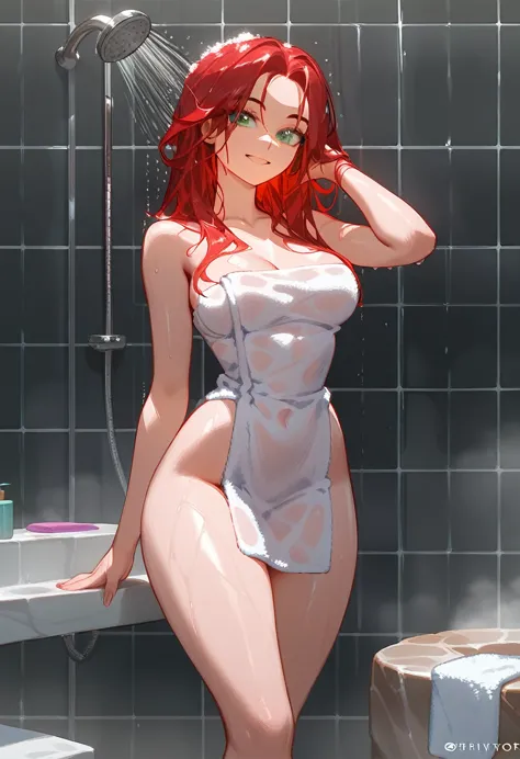 rias gremory,taking a shower, towel, smiling, taking a shower, standing on a watery and rocky floor, d size breasts, thick hips,...