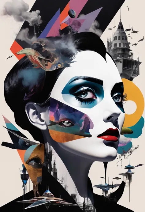 maleficentthemed, surreal and strange dislocation art：collage，there are many different things on the faces，spaceship，scary dark ...