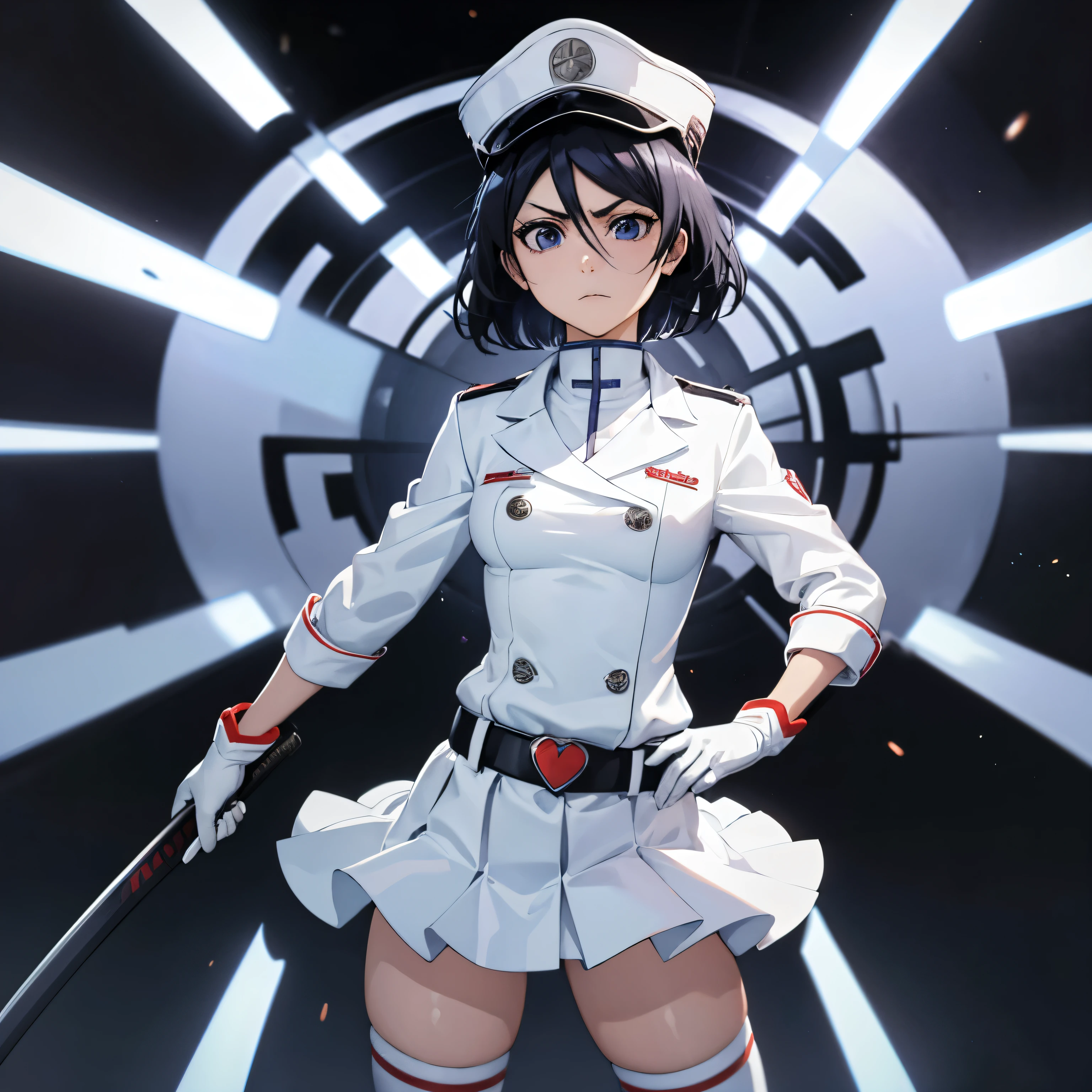 White gloves, red eyes, white jacket, white skirt, best quality, masterpiece, Highly detailed, illustration, absurdres, white military uniform, white uniform, white hat, standing, solo, 1girl, standing at attention, expressionless, blank eyes, looking at viewer, emotionless, corrution, mind control, female combatant, full body, hypnotized, unhappy trance, perfect female body, extremely glossy latex, belt, hypnosis, hypnoLora, empty eyes, Mind control device, thigh high, Bleach, Quincy, thighhighs, tight miniskirt, kuchikirukia, short hair, black hair, blue eyes, hat, holding katana