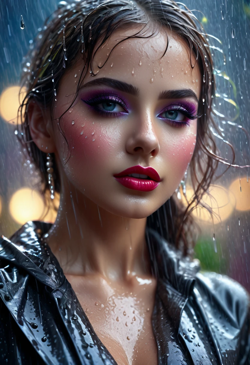 A dancer dancing on a stage in the rain, beautiful detailed eyes, beautiful detailed lips, extremely detailed eyes and face, long eyelashes, graceful dancing pose, wet clothing, rain effects, cinematic lighting, moody atmosphere, vibrant colors, 8k, ultra-detailed, photorealistic, masterpiece, digital painting