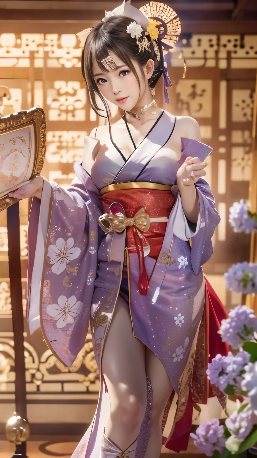 (sexy Japanese traditional dress), (banquet hall,, traditional Japanese  room:1.5), The background is a gold folding screen, doaxvv_Marie Rose, One girl, Maiko, slim body, huge bouncing busts, Black choker, fan, Dance with your arms outstretched, 超High resolution, retina, masterpiece, Accurate, Anatomically correct, Textured skin, Super Detail, Attention to detail, high quality, 最high quality, High resolution, 4K