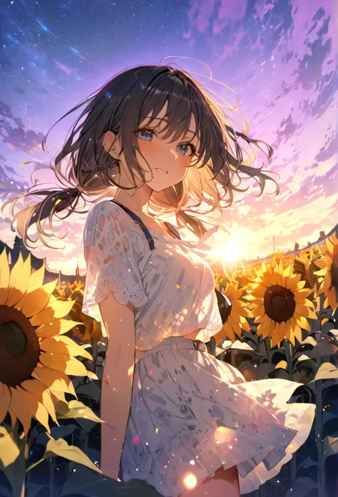 highest quality　masterpiece　high resolution　masterpieceグレーアイズ　low twintails、casual summer outfit　、sunflower field、flowerpunk、spa...