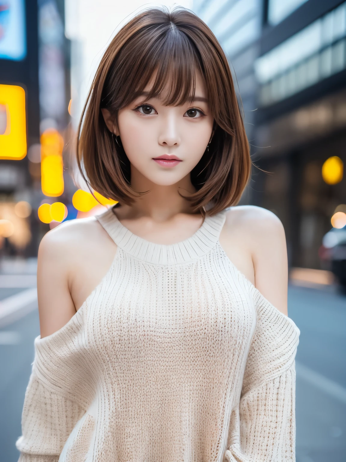 Ultra High Definition, Superior Quality, Premier Quality, ultra detailed, Photorealistic, 8k, RAW Photos, highest quality, masterpiece, Attractive girl, Stunning girl, Brown Hair, Shoulder Length Layered, asymmetrical bangs, K-pop Idol, Sophisticated, Stylish, white knit, Shibuya, 