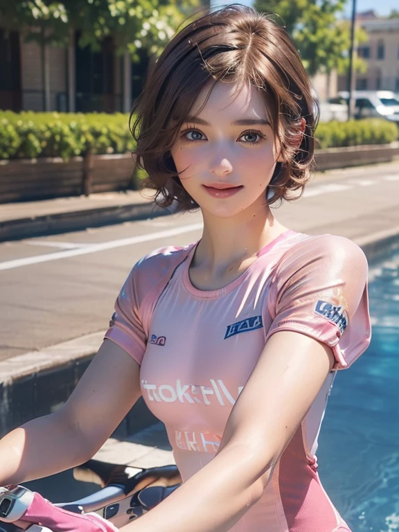 (masterpiece:1.3), (8k, Realistic, RAW Photos, Highest quality:1.4), (Realistic face), ((Brown Hair, Very short hair:1.3)), Beautiful Hairstyles, Realistic eyes, Beautiful little blue eyes, (Realistic skin), (Beautiful Skin), ((((Pink racing suit)))), charm, Ultra-high resolution, Golden Ratio, Long limbs、((smile)), ((Full Body Shot))、(((Riding a bike outdoors)))