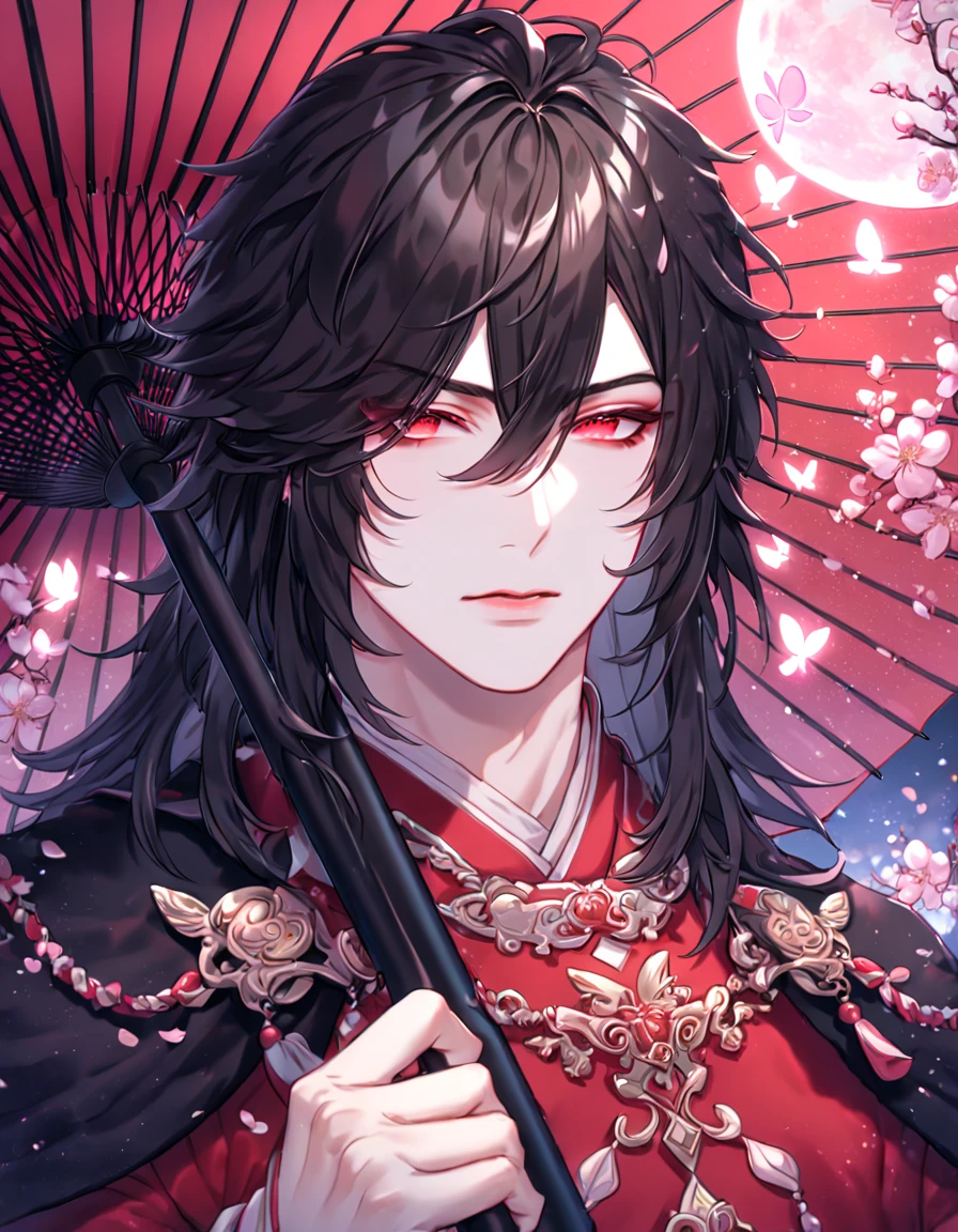 absurdres, highres, ultra detailed, HDR, master piece, best quality, extremely detailed face, delicated features, Xue Yu, untamed spiky hair, black hair, long hair, hair between the eyes, expressive red eyes, Thousand Years War, solo, sexy man, handsome, black cape, red robes, holding a red paper umbrella, accessories, patterns, fantasy, magical, radiant, pink butterflies, pink flowers, night sky, shinning pink moon, blossoms