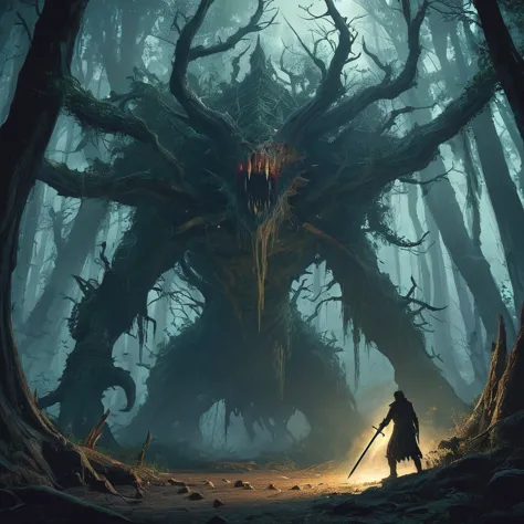 shadowy medieval forest, a young teen named aiden, armed with a small sword, moves cautiously through the twisted, ancient trees...