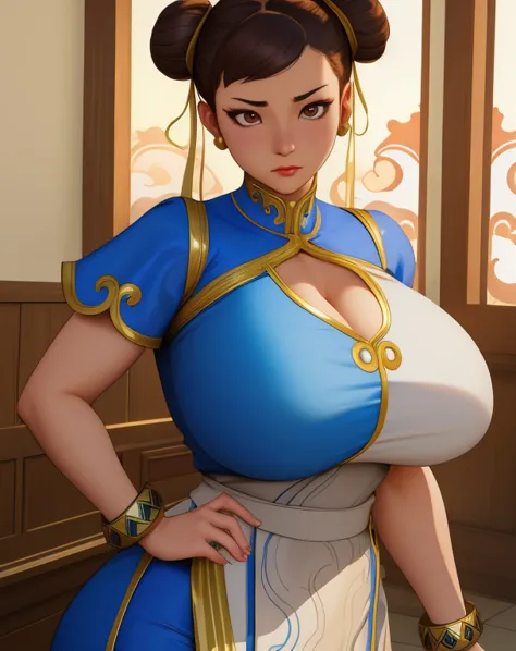 chun li, brown hair, brown eyes,  double bun,  hair ribbon,  
multi colored dress, pelvic curtain,  blue pants, bangles,  cleava...