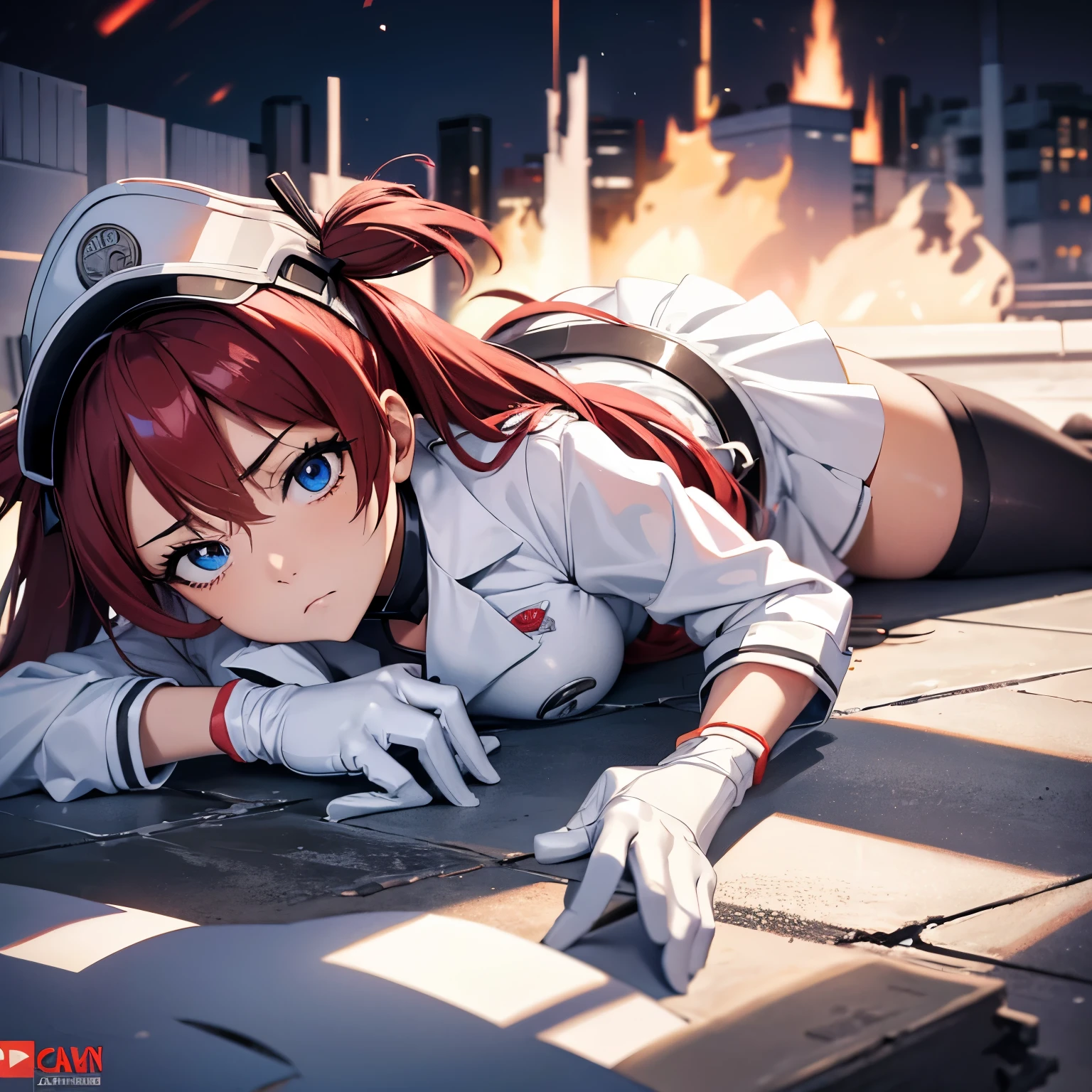 White gloves, red eyes, white jacket, white skirt, best quality, masterpiece, Highly detailed, illustration, absurdres, white military uniform, white uniform, white hat, standing, solo, 1girl, standing at attention, expressionless, blank eyes, looking at viewer, emotionless, corruption, mind control, female combatant, full body, hypnotized, unhappy trance, perfect female body, extremely glossy latex, belt, hypnosis, hypnoLora, empty eyes, Mind control device, thigh high, Bleach, Quincy, thighhighs, tight miniskirt, expressionless, blank eyes, looking at viewer, emotionless, corruption, mind control, female combatant, hypnotized, unhappy trance, obey, perfect female body, hypnosis, hypnoLora, empty eyes, Mind control device, Slave, hat, dark persona, (((pixel-perfect, detail-perfect))), solo, 1girl, hair ornament, twin tails, long hair, red hair, blue eyes, large breast, huge breast, AiriV4, (((lying down on city, lying down)))