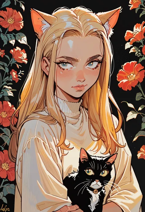 slim blonde girl , huge bobies , long hair , cat on shoulder , powerful