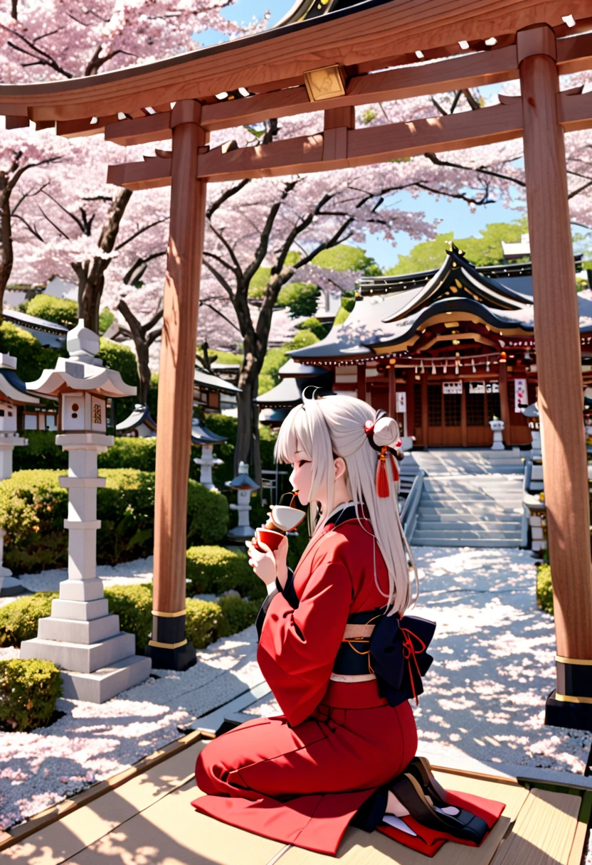 8K Ultra High-Quality, ultra-detailed, High quality, Nakiri Ayame, sipping on japanese tea, kneeling, sakura trees, shrine background