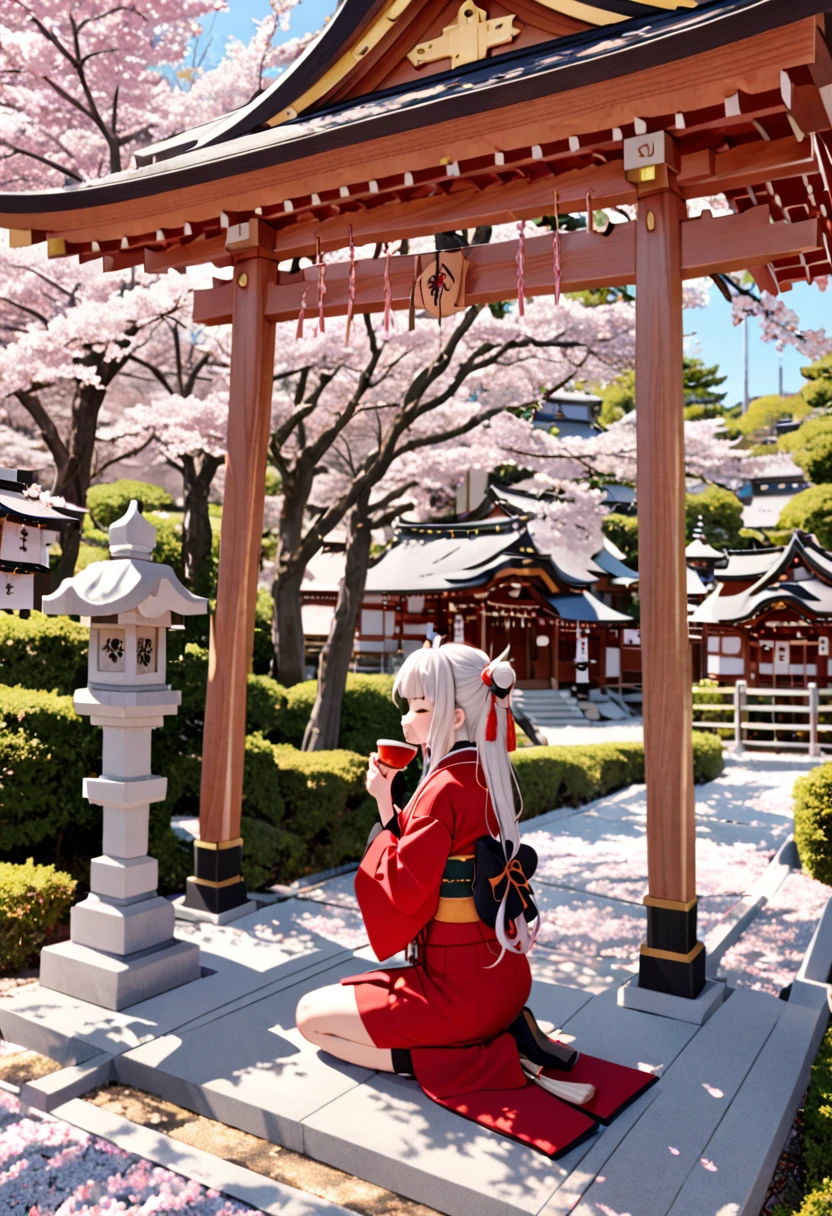 8K Ultra High-Quality, ultra-detailed, High quality, Nakiri Ayame, sipping on japanese tea, kneeling, sakura trees, shrine background