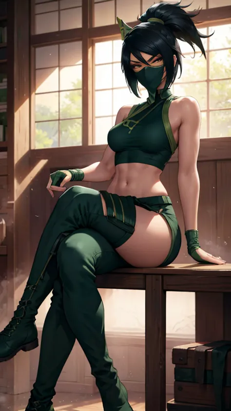 1 girl, Akali, solo, long spiky black hair, red eyes, muscled body, muscled legs, dark green top, green fingerless gloves, mouth...