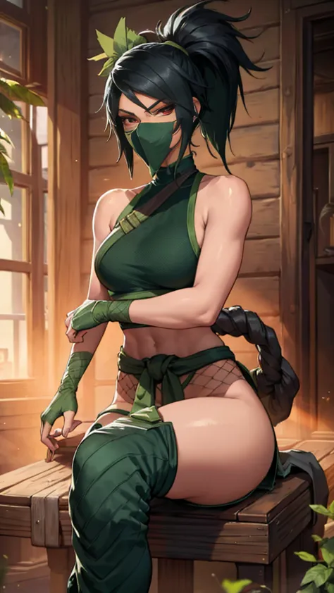 1 girl, Akali, solo, long spiky black hair, red eyes, muscled body, muscled legs, dark green top, green fingerless gloves, mouth...