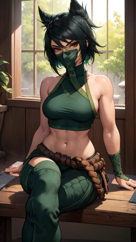 1 girl, Akali, solo, long spiky black hair, red eyes, muscled body, muscled legs, dark green top, green fingerless gloves, mouth...