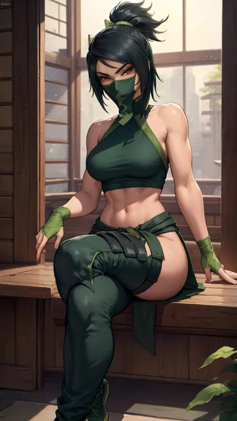 1 girl, Akali, solo, long spiky black hair, red eyes, muscled body, muscled legs, dark green top, green fingerless gloves, mouth...