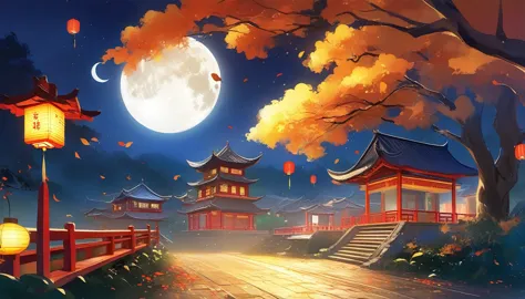 mid-autumn night，mid-autumn festival，themoon，rays of moonlight，high qulity，autumn scenery，chinese atmosphere