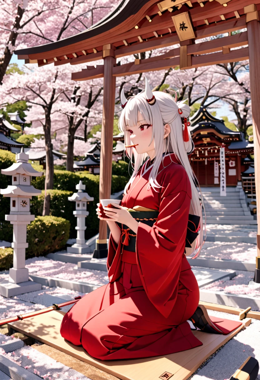 8K Ultra High-Quality, ultra-detailed, High quality, Nakiri Ayame, white horns, sipping on japanese tea, kneeling, sakura trees, shrine background, close up