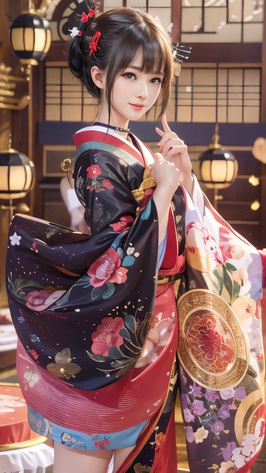 (sexy Japanese traditional dress), (banquet hall,, traditional Japanese  room:1.5), The background is a gold folding screen, doaxvv_Marie Rose, One girl, Maiko, slim body, huge bouncing busts, Black choker, fan, Dance with your arms outstretched, 超High resolution, retina, masterpiece, Accurate, Anatomically correct, Textured skin, Super Detail, Attention to detail, high quality, 最high quality, High resolution, 4K