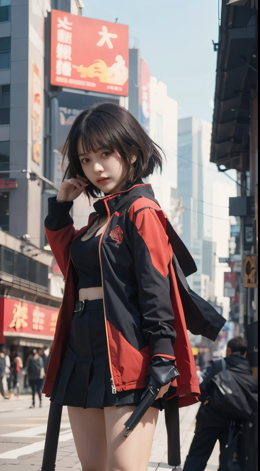 Megumin, konosuba, black hair, black red jacket, modern city background, cyberpunk atmosphere, detailed face, detailed hair, detailed hair, ultra realistic, ultra detailed, best quality masterpiece.