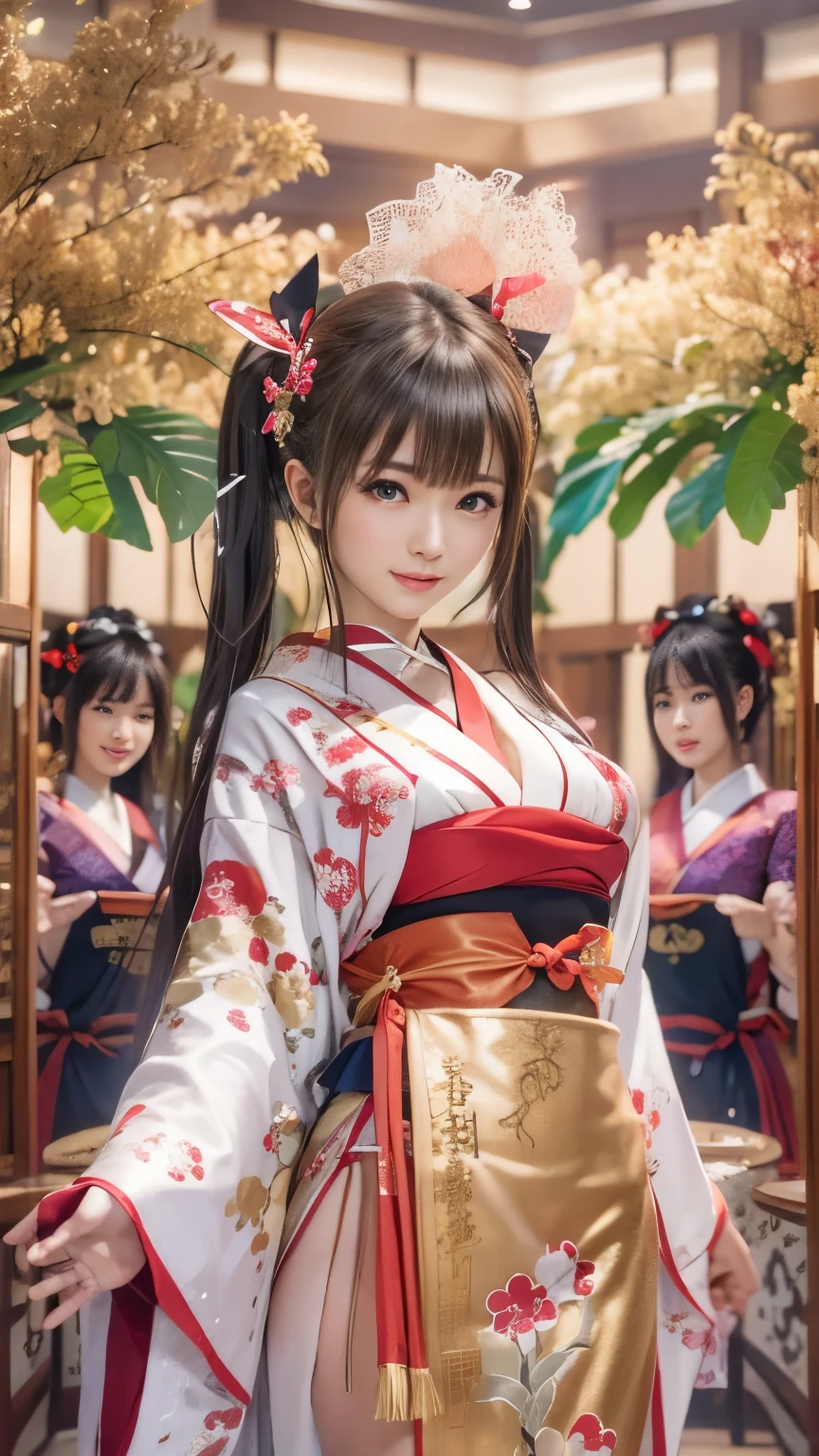 (vestido tradicional japonês sexy), (salão de banquetes,, quarto tradicional japonês:1.5), O fundo é uma tela dobrável dourada, DOAXVV_Maria Rosa, Uma garota, países, Corpo fino, enormes bustos saltitantes, gargantilha preta, Fã tradicional japonês na mão, Dance com os braços bem abertos, 超Alta resolução, retina, obra de arte, preciso, Anatomicamente correto, Pele texturizada, Super Detalhe, Atenção aos detalhes, alta qualidade, 最alta qualidade, Alta resolução, 4K