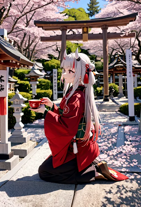 8K Ultra High-Quality, ultra-detailed, High quality, Nakiri Ayame, white horns, holding a cup, japanese tea, kneeling, sakura tr...
