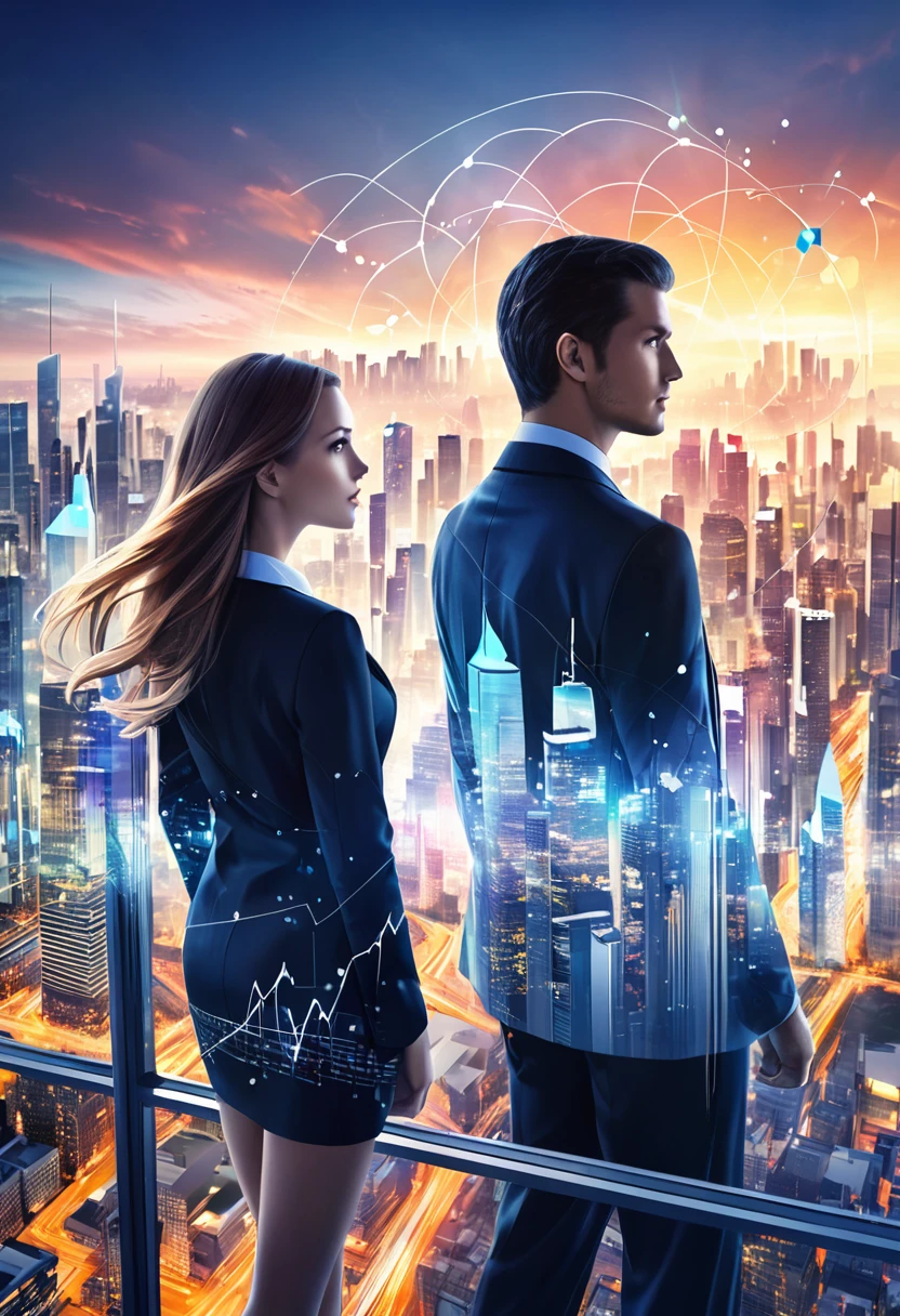 (Create a double exposure image that combines two distinct scenes:1) A Caucasian man and a woman, both dressed in business attire, standing side by side and looking away from the camera towards a vivid cityscape. Their backs are turned towards us, symbolizing their focus on the future of their business.2) A vivid display of business charts, graphs, statistics and symbols of innovation intertwined with the cityscape. Make the business elements appear transparent and seamlessly blend with the cityscape to evoke the concept of their thoughts, strategies, and aspirations being intertwined with the city they're planning to conquer.