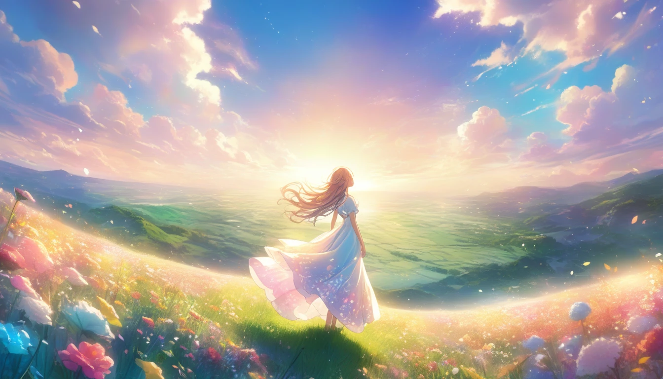 A stunning wide view image of an anime Young woman looking at the vast plain, countless of grass and colorful flowers, dreamlike sky, fluffy clouds, vibrant sunset colors, gentle breeze blowing through her hair, from behind , elegant flowing dress, surrounded by a peaceful and enchanting atmosphere, soft natural light illuminating the scene, creating a magical and surreal ambiance. (best quality, ultra-detailed, photorealistic:1.37), anime style, pastel color palette, ethereal lighting