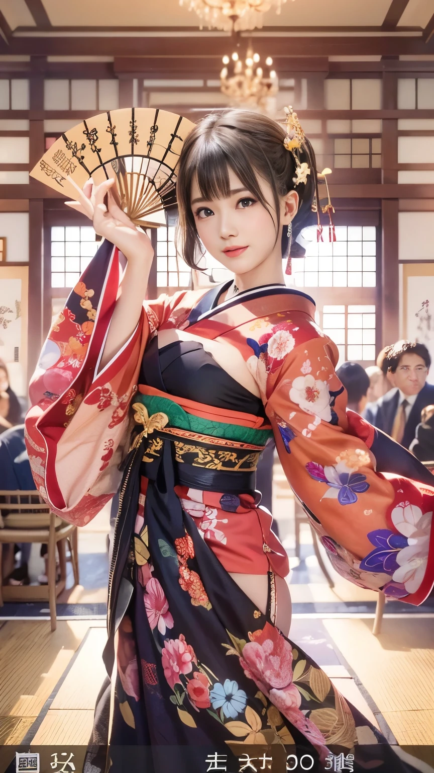 (vestido tradicional japonês sexy), (salão de banquetes,, quarto tradicional japonês:1.5), O fundo é uma tela dobrável dourada, DOAXVV_Maria Rosa, Uma garota, países, Corpo fino, enormes bustos saltitantes, gargantilha preta, Fã tradicional japonês na mão, Dance com os braços bem abertos, 超Alta resolução, retina, obra de arte, preciso, Anatomicamente correto, Pele texturizada, Super Detalhe, Atenção aos detalhes, alta qualidade, 最alta qualidade, Alta resolução, 4K