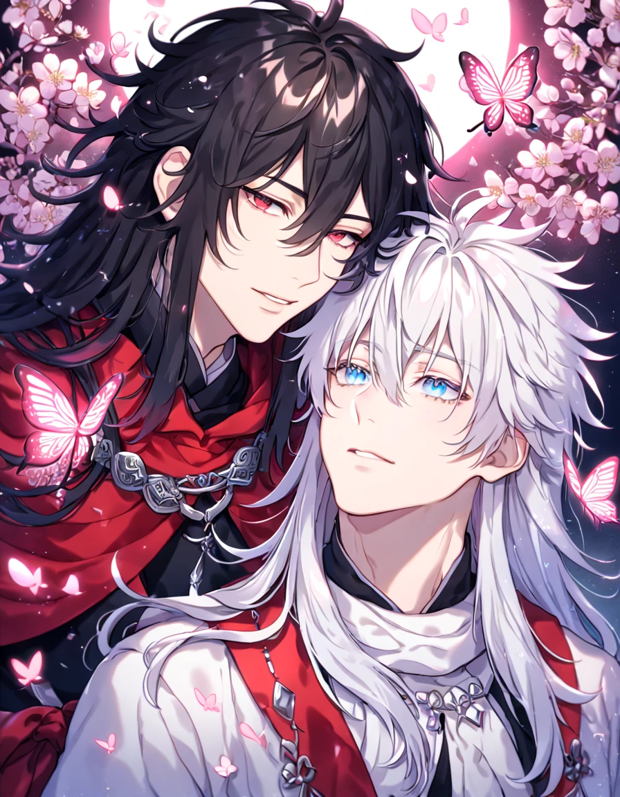 absurdres, highres, ultra detailed, HDR, master piece, best quality, extremely detailed face, delicated features, Xue Yu, untamed spiky hair, black hair, long hair, hair between the eyes, expressive red eyes, Thousand Years War, Gojou Satoru, white hair, messy hair, expressive blue eyes, two sexy men together, gay couple, yaoi, handsome, black cape, red robes, white robes, accessories, patterns, fantasy, magical, radiant, pink butterflies, pink flowers, night sky, shinning pink moon, blossoms, Jujutsu Kaisen