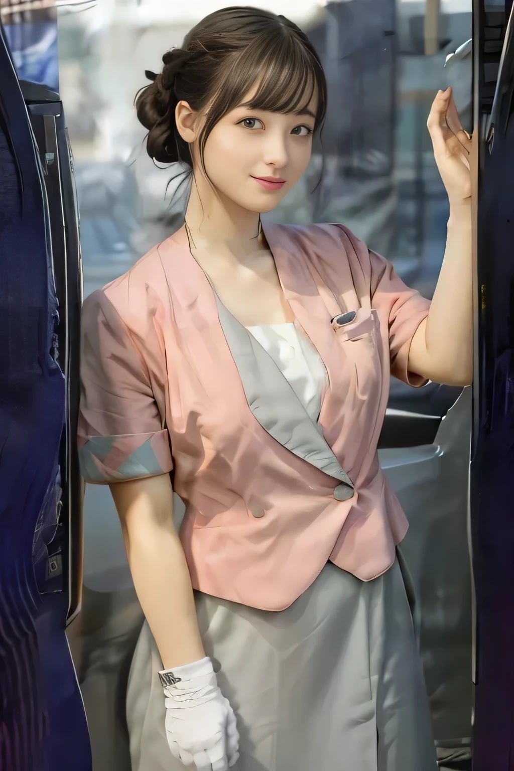 (masterpiece:1.2, Highest quality:1.2), 32k HDR, High resolution, (alone、1 girl)、（On the roof of a building in the daytime、Professional Lighting）、Building rooftop background、（Nankai train crew uniform pinkを着たリアルスタイル）、（Nankai Railway crew uniform, pink, short sleeve, collarless, pink jacket、No-collar short-sleeve blouse、Grey knee-length culottes）、（（The bottom of the pink short-sleeved jacket cannot be tucked into the clay-colored culottes..））、Dark brown hair、（Hair tied up、Bun Hair）、Dark brown hair、Long Shot、Big Breasts、Thin legs、（（Great hands：2.0）），（（Harmonious body proportions：1.5）），（（Normal limbs：2.0）），（（Normal finger：2.0）），（（Delicate eyes：2.0）），（（Normal eyes：2.0））)、smile、（A beautiful figure showing off the Nankai Railway crew uniform）、Bring your hands down