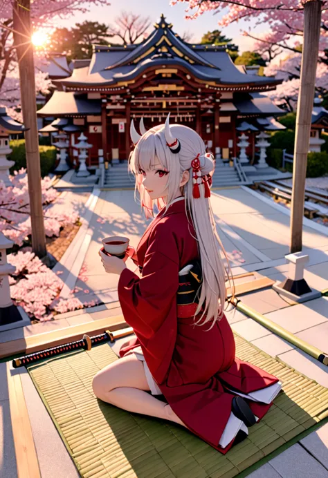 8K Ultra High-Quality, ultra-detailed, High quality, Nakiri Ayame, white horns, holding a cup, japanese tea, katana on the floor...