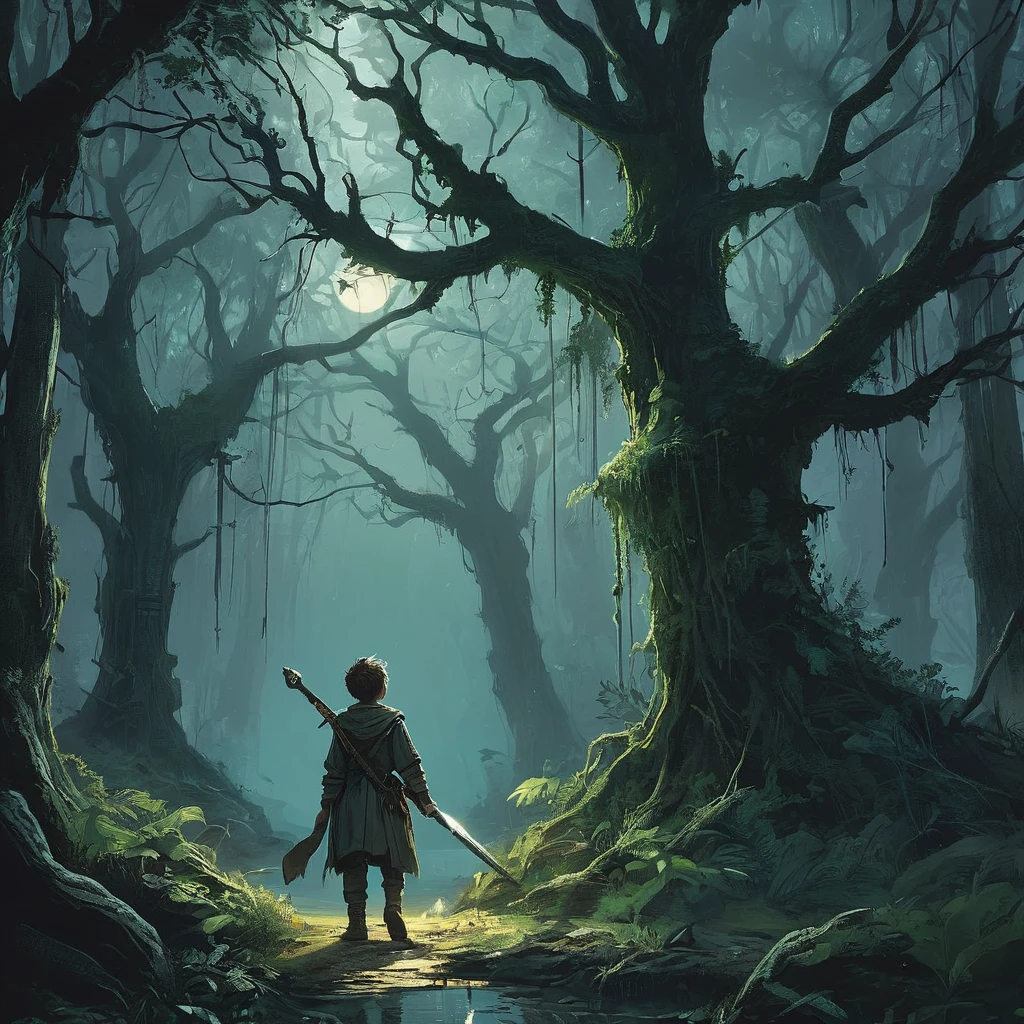 In a dark medieval forest, a young boy named Elias walks cautiously along a narrow, overgrown path, gripping a sword tightly in his small hands. The ancient trees loom overhead, their gnarled branches creating a nearly impenetrable canopy that lets through only the faintest glimmers of moonlight. Shadows shift and stretch across the forest floor, and the air is thick with the musty scent of damp leaves and decay. Every step Elias takes is accompanied by the distant sound of dripping water and the occasional rustle of unseen creatures. His heart races with a mix of fear and determination as he ventures deeper into the darkness, ready to confront whatever secrets or dangers lie hidden within the forest’s ancient depths.