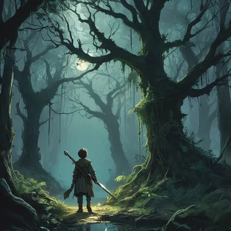 in a dark medieval forest, a young boy named elias walks cautiously along a narrow, overgrown path, gripping a sword tightly in ...