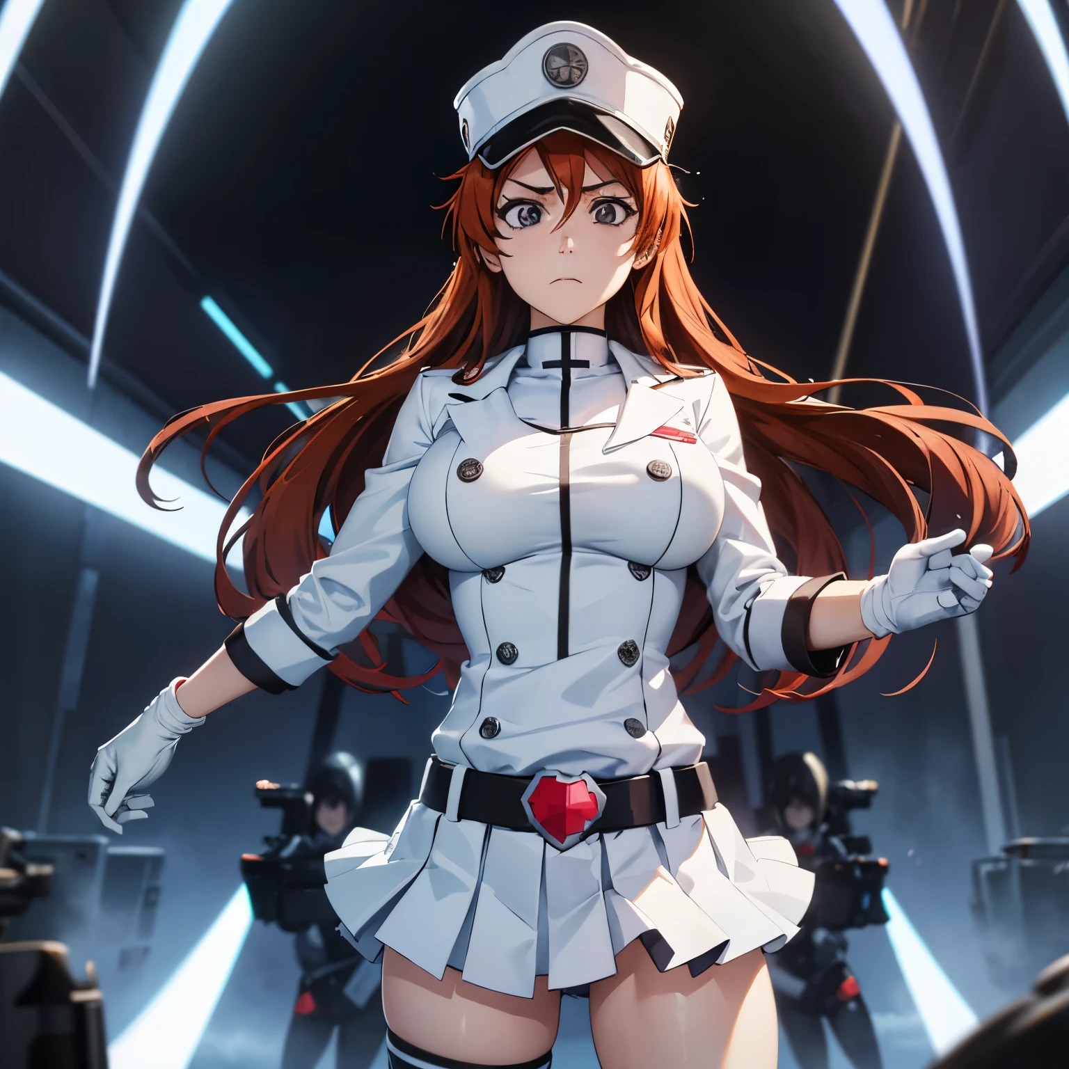 White gloves, red eyes, white jacket, white skirt, best quality, masterpiece, Highly detailed, illustration, absurdres, white military uniform, white uniform, white hat, standing, solo, 1girl, standing at attention, expressionless, blank eyes, looking at viewer, emotionless, corruption, mind control, female combatant, full body, hypnotized, unhappy trance, perfect female body, extremely glossy latex, belt, hypnosis, hypnoLora, empty eyes, Mind control device, thigh high, Bleach, Quincy, thighhighs, tight miniskirt,expressionless, blank eyes, looking at viewer, emotionless,corruption, mind control, female combatant, hypnotized, unhappy trance, obey, perfect female body, hypnosis, hypnoLora, empty eyes, Mind control device, Slave, hat, dark persona, (((pixel-perfect, detail-perfect))), solo, 1girl, hair ornament, inoue orihime, long hair, orange hair, (grey eyes:1.5), large breast, huge breast