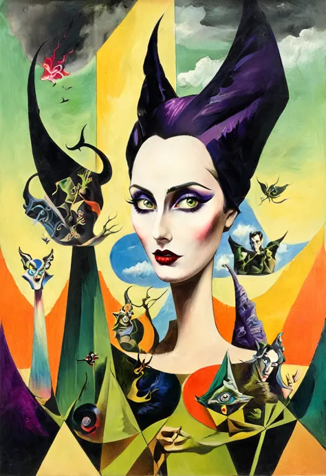 Maleficent themed, Surreal and strange dislocation art：Collage, There are many different things on the faces, scary dark colors,...