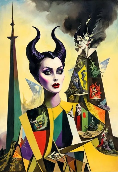 Maleficent themed, Surreal and strange dislocation art：Collage, There are many different things on the faces, scary dark colors,...