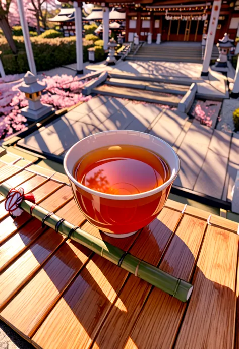 8K Ultra High-Quality, ultra-detailed, High quality, Nakiri Ayame, white horns, holding a cup, japanese tea, kneeling on bamboo ...